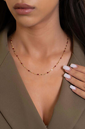 14 Ayar Altın Aynalı Kırmızı Mineli Kolye