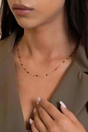 14 Ayar Altın Aynalı Kırmızı Mineli Kolye