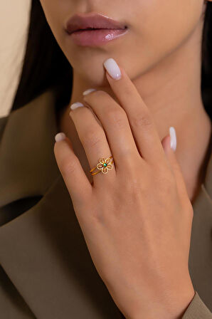 14 Ayar Altın Yeşil Taşlı Papatya Yüzük