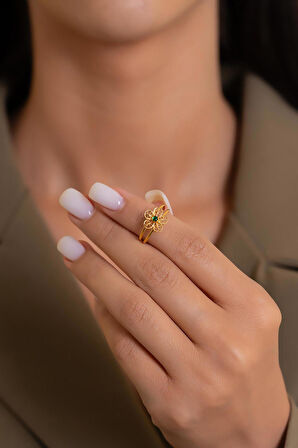 14 Ayar Altın Yeşil Taşlı Papatya Yüzük