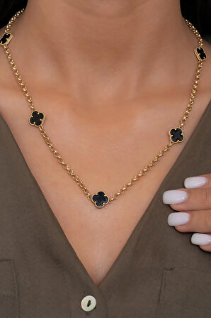 14 Ayar Altın Siyah Yonca Zincir Kolye