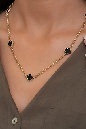 14 Ayar Altın Siyah Yonca Zincir Kolye