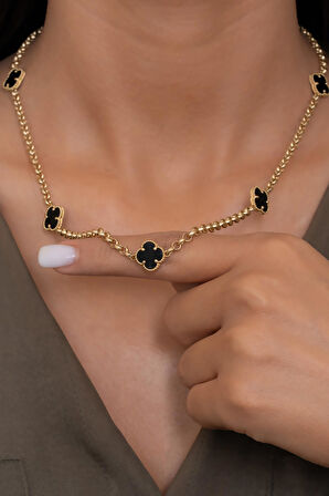 14 Ayar Altın Siyah Yonca Zincir Kolye