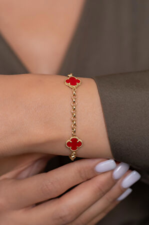 14 Ayar Altın Kırmızı Yonca Bileklik