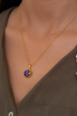 14 Ayar Altın Mor Taşlı Telkari Kolye