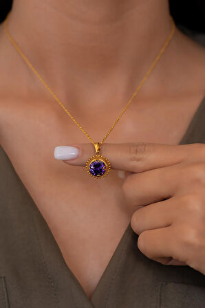 14 Ayar Altın Mor Taşlı Telkari Kolye