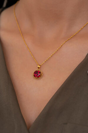 14 Ayar Altın Kırmızı Taşlı Telkari Kolye