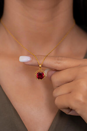 14 Ayar Altın Kırmızı Taşlı Telkari Kolye