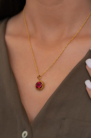 14 Ayar Altın Kırmızı Güneş Taşlı Kolye