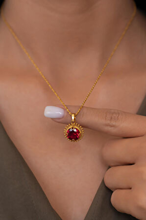 14 Ayar Altın Kırmızı Güneş Taşlı Kolye