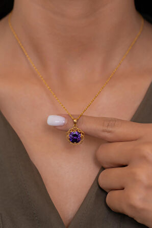 14 Ayar Altın Mor Güneş Taşlı Kolye