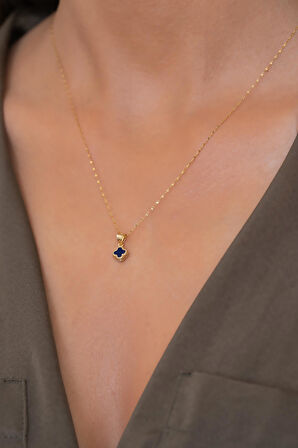 14 Ayar Altın Lacivert Yonca Kolye