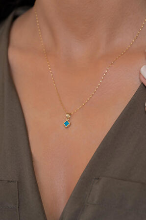 14 Ayar Altın Turkuaz Yonca Kolye