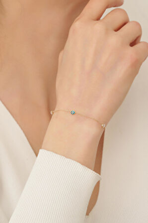 14 Ayar Altın Üç Mavi Nazar Gözlü Bileklik