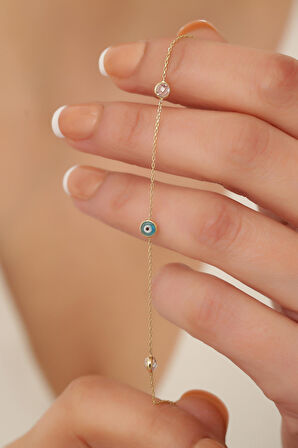 14 Ayar Altın Üç Mavi Nazar Gözlü Bileklik