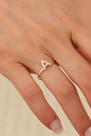 14 Ayar Altın Taşlı Minimal  A Harf Yüzük