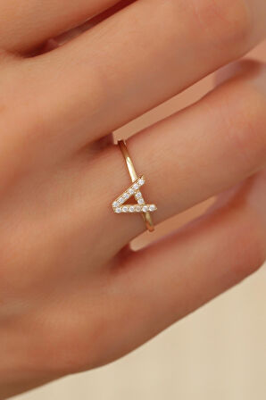 14 Ayar Altın Taşlı Minimal  A Harf Yüzük