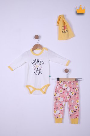 Babyhola %100 Pamuk Annesinin Kuzusu Çıtçıtlı Badi Pantolon Bere 3'lü Takım 593-4