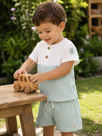 Erkek Bebek Müslin Kumaş Şortlu Takım – Yazlık Kısa Kollu 2’li Takım 22455