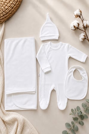 Yenidoğan Bebek 4'lü Set Patikli Tulum Bere Önlük Battaniye 7069