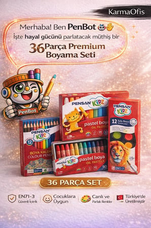 36 Parça Boyama Seti – 12’li Pastel, 12’li Kuru Boya, 12’li Sulu Boya – Tamamı Yerli Üretim