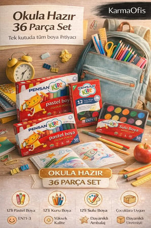 36 Parça Boyama Seti – 12’li Pastel, 12’li Kuru Boya, 12’li Sulu Boya – Tamamı Yerli Üretim