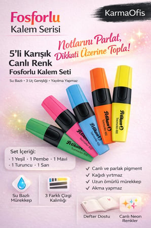 5’li Canlı Renk Fosforlu Kalem Seti | Su Bazlı, 3 Uç Genişliği