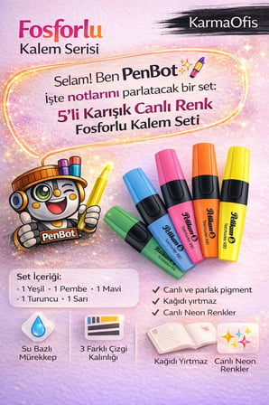 5’li Canlı Renk Fosforlu Kalem Seti | Su Bazlı, 3 Uç Genişliği