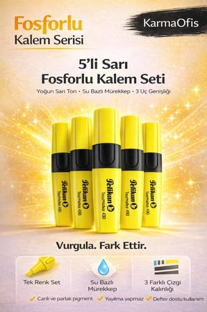 5’li Sarı Fosforlu Kalem Seti – Su Bazlı, 3 Uçlu, Yoğun Pigment