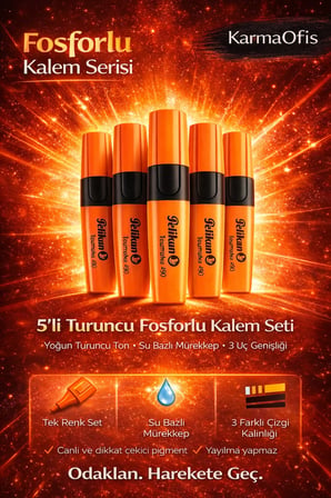 5’li Turuncu Fosforlu Kalem Seti – Su Bazlı, 3 Uçlu, Yoğun Pigment