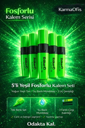 5’li Yeşil Fosforlu Kalem Seti – Su Bazlı, 3 Uçlu, Yoğun Pigment