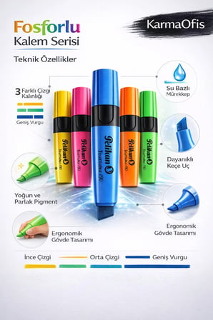 5’li Yeşil Fosforlu Kalem Seti – Su Bazlı, 3 Uçlu, Yoğun Pigment
