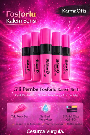 5’li Pembe Fosforlu Kalem Seti – Su Bazlı, 3 Uçlu, Yoğun Pigment