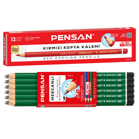 Pensan Mercanlı Kurşun Kalem HB 12'li + Kırmızı Kopya Kalemi 12'li