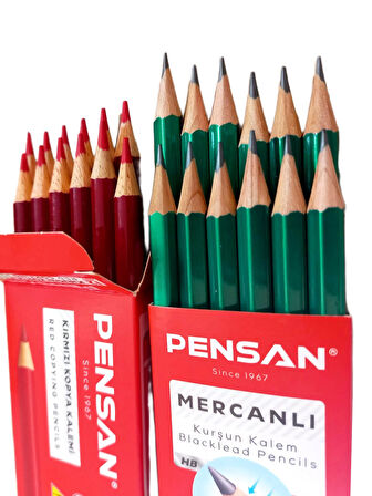 Pensan Mercanlı Kurşun Kalem HB 12'li + Kırmızı Kopya Kalemi 12'li