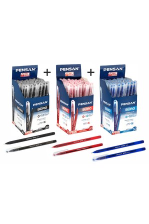 Büro Tükenmez Kalem 1 mm Kırmızı - Mavi - Siyah (3 Paket) 150 Adet