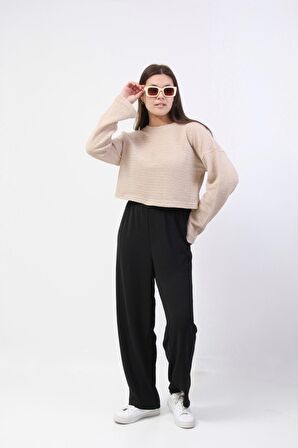 Krem Rengi Örgü Detaylı Kısa Triko Kazak