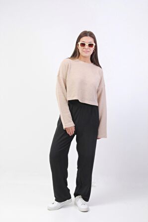 Krem Rengi Örgü Detaylı Kısa Triko Kazak