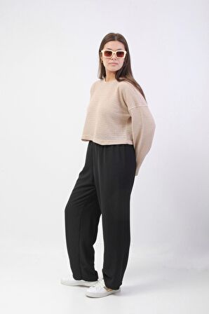 Krem Rengi Örgü Detaylı Kısa Triko Kazak