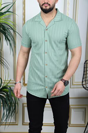 Yeşil Düğmeli Rahat Fit Şerit Detaylı Gömlek