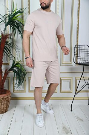 SPARKMOD Baskılı Pudra Fit Çizgi Detaylı Short Eşofman Takımı