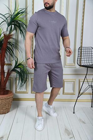 SPARKMOD Baskılı Füme Fit Çizgi Detaylı Short Eşofman Takımı
