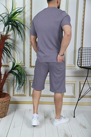 SPARKMOD Baskılı Füme Fit Çizgi Detaylı Short Eşofman Takımı