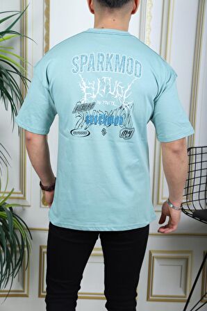 SPARKMOD Açık Yeşil Ön Arka Baskılı Oversize Stil T-Shirt