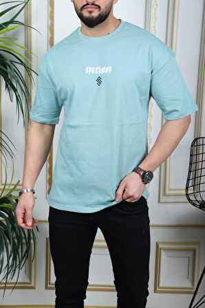 SPARKMOD Açık Yeşil Ön Arka Baskılı Oversize Stil T-Shirt
