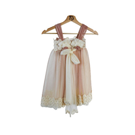 Kız Çocuk Çiçekli Abiye Pudra Renkli 1-4 Yaş Aralığında
