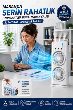 Çift Fanlı 1800 mAh Bataryalı 6000 rpm 3 Kademeli Masaüstü Taşınabilir Sprey Fan Vantilatör Pervane