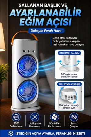 Çift Fanlı 1800 mAh Bataryalı 6000 rpm 3 Kademeli Masaüstü Taşınabilir Sprey Fan Vantilatör Pervane
