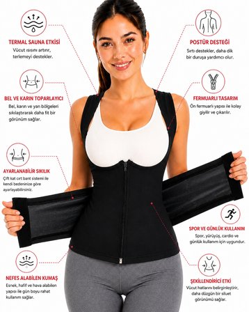  Termal Sauna Korsesi – Terletici Fermuarlı Bel ve Karın Şekillendirici Spor Korse
