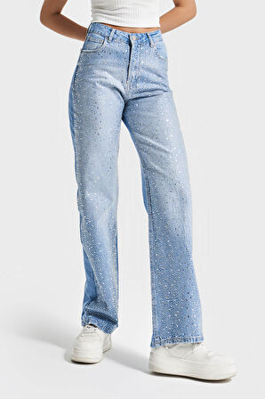 Kadın Kot Rengi T6-2S5-3 Önü Parlak Taşlı Straight Fit %100 Koton Tasarım Denim Jean